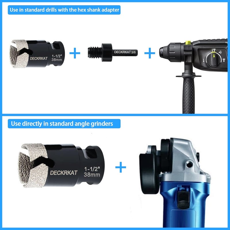 DECKRKAT 1-1/2” Diamond Core Drill Bit 38mm Vacuum Brazed Hole Saw with Cutting Flutes for Granite Quartz Porcelain Tile Hard Materials 5/8-11 Female Thread & 3/8” Hex Shank Adapter Fit Angle Grinders & Drills - Image 3